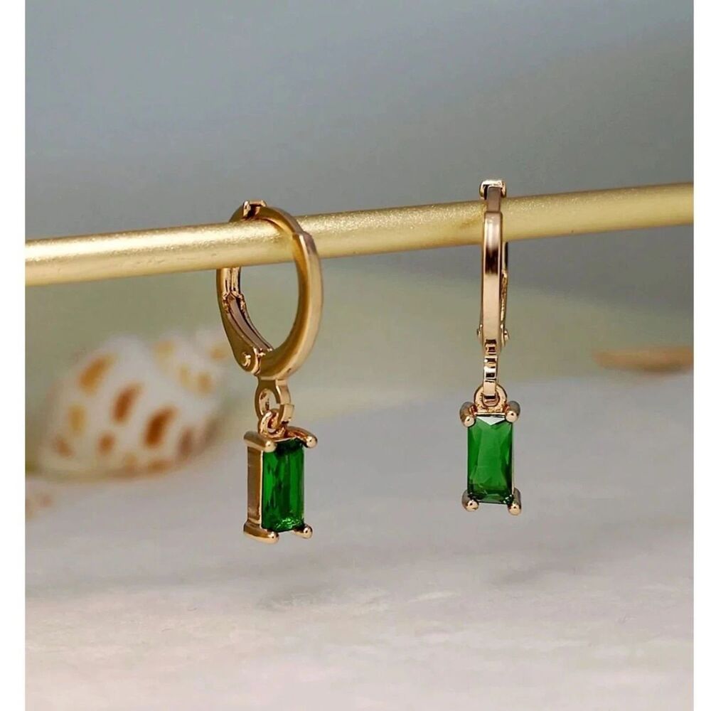 Rectangle Green Zirconia Crystal Drop Hoop Gold Earrings Emerald Cut Gemstone